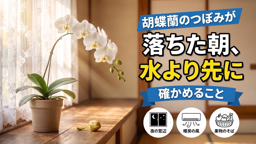朝の窓辺で白い胡蝶蘭の鉢のそばに落ちた小さなつぼみ